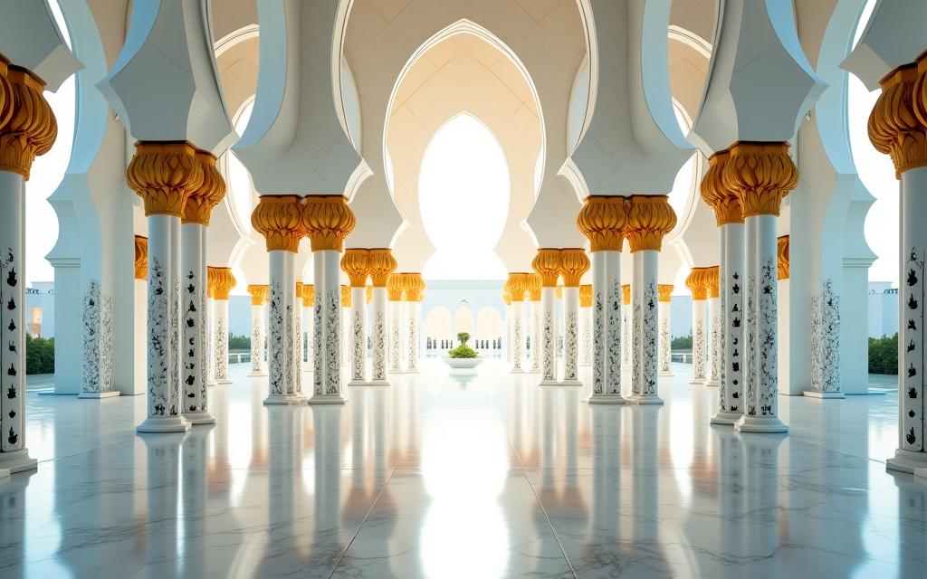 المنظر الهادئ لداخل مسجد الشيخ زايد الكبير في أبوظبي.